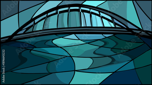 Abstract stained glass image of a bridge and water, with cool blue and teal tones
