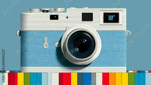 A vintage-style camera illustration with a light blue body and white top, lens prominently displayed