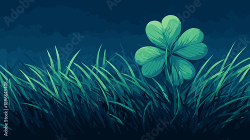 A detailed digital illustration of a green four-leaf clover amongst blades of grass