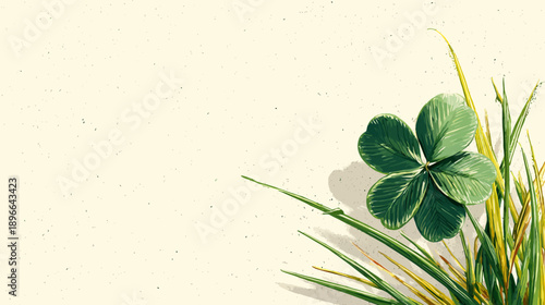 A stylized illustration features a four-leaf clover amongst blades of grass against a neutral background
