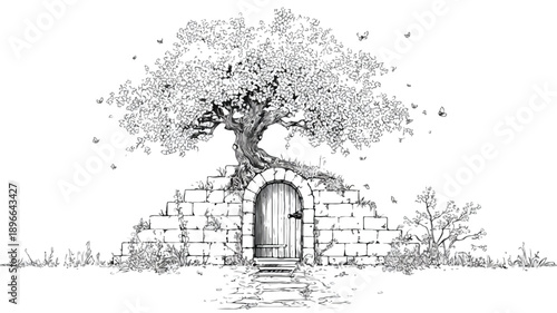 Mystic Doorway Design Concept Vector with Outline Isolated: Intriguing Entry