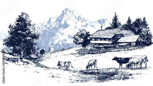 Scenic Rural Farmhouse with Grazing Cows in Mountain Landscape Illustration