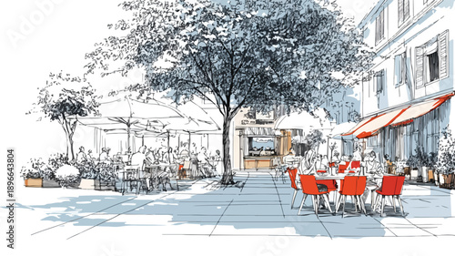 Summer Street Cafe Restaurant Scene with Patio Outdoor Gathering