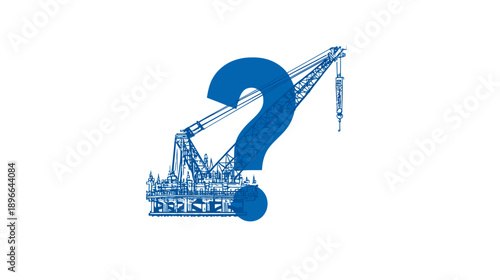 A blue question mark superimposed on a detailed drawing of an oil rig platform and crane