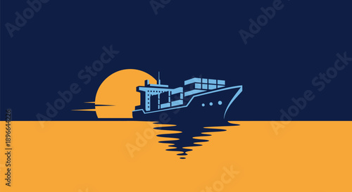 Silhouette of a fishing boat sailing at sunset with calm water reflection.
