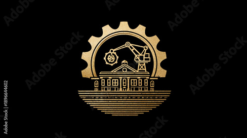 A golden mechanical image showing a building with a crane, inside a cog, set against a black backdrop