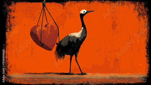 A crane stands before an orange backdrop, a heart suspended above it. The scene has a rustic, textured look