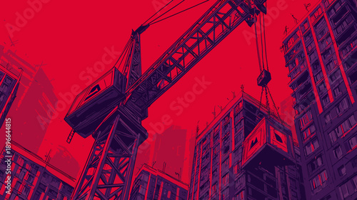 A construction scene showcasing a crane lifting a building module against a red sky backdrop