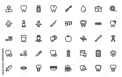 Dental Care icon set. Vector illustration pack. Includes tooth, braces, toothpaste, toothbrush, dentist tools, pills, floss and more. Editable stroke.