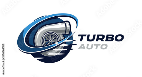 Turbo Auto Logo with Dynamic Blue Swirl and Detailed Turbocharger Design.