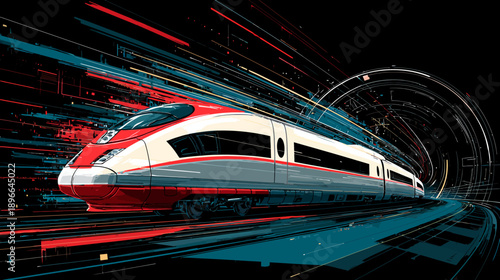 Modern high-speed train speeding through tunnel with abstract, dynamic streaks in a vibrant artwork