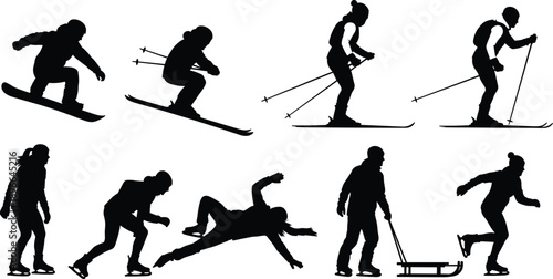 Black silhouettes of athletes performing winter sports including skiing, snowboarding, ice skating, sledding, dynamic illustration representing outdoor recreation, adventure, activity, 