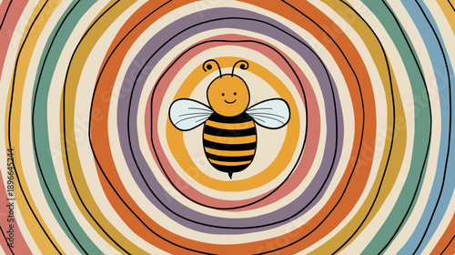 Cartoon bee in a vibrant concentric circle design with various warm and cool colors