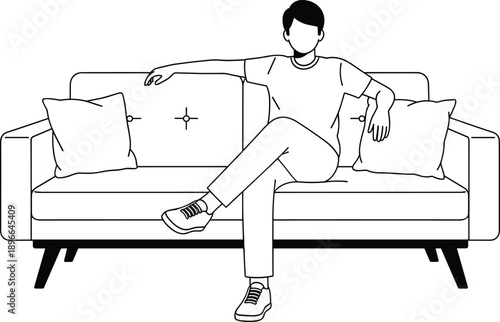 Black, and, white, line, art, illustration, of, a, young, man, sitting, comfortably, on, a, modern, sofa, couch, with, pillows, for, home, relaxation, lifestyle