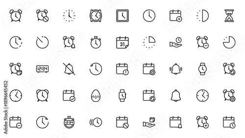 Time & Calendar icon set. Vector icons pack with alarm, clock, timer, stopwatch, calendar, hourglass and event symbols. Editable stroke.
