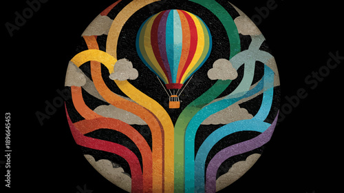 A vibrant hot air balloon illustration against a stark black background, with rainbow colored curves