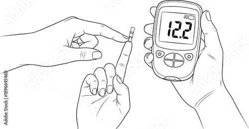 Black, and, white, line, art, illustration, of, hands, using, a, glucose, meter, and, test, strip, for, diabetes, blood, sugar, monitoring, and, healthcare, management