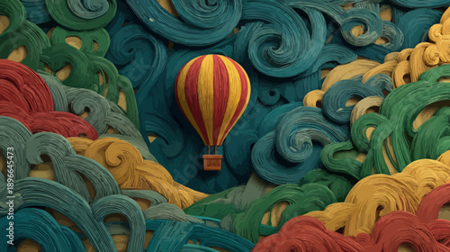 A whimsical scene features a striped hot air balloon amidst stylized waves in shades of green, red, and gold