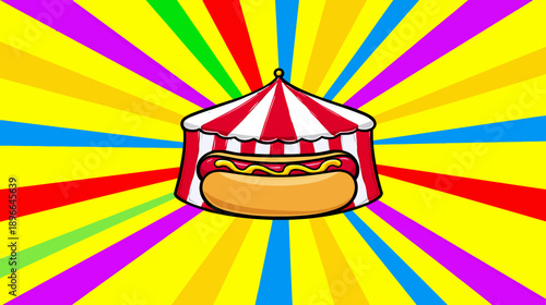 A cartoon depiction of a hot dog inside a circus tent with a vibrant, radial sunburst background