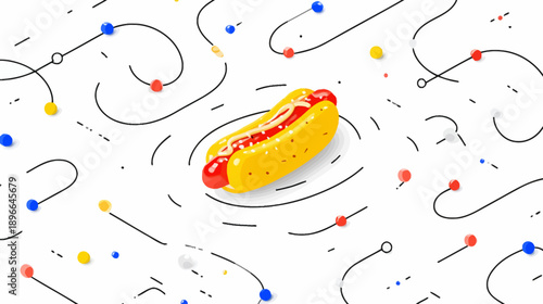 Illustration of a hot dog with lines, dots, and colorful spherical elements on a white background