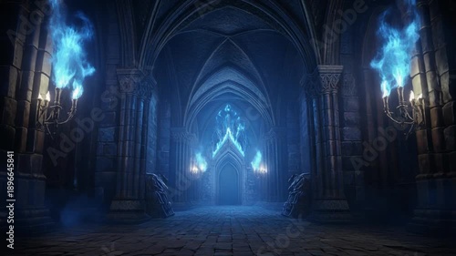 Eerie gothic castle corridor bathed in the mystical glow of supernatural blue flames, leading to an unknown magical realm, evoking an atmosphere of ancient mystery and dark fantasy