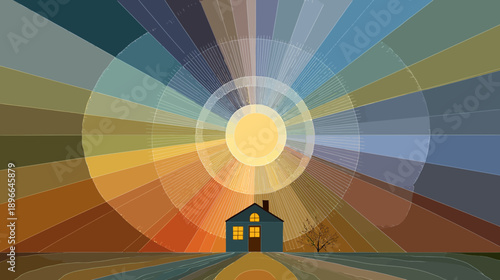 A geometric sunrise art piece depicting a house and tree under a sunburst color gradient