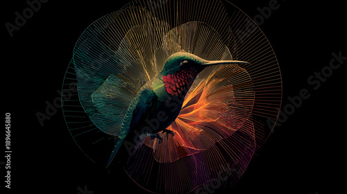Colorful hummingbird illustration with intricate lines on a black background