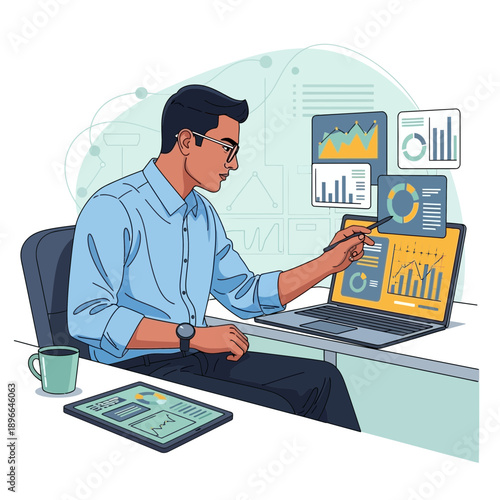 Man analyzing data charts on laptop and tablet