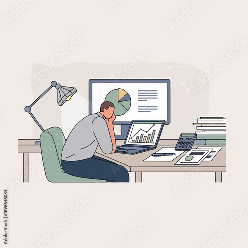Man working at desk with charts and graphs, feeling tired or bored