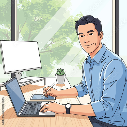 Man working at desk with laptop and computer, home office, freelance, remote work