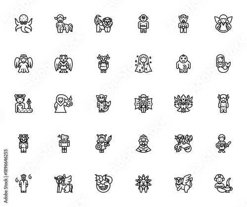 Fantasy character icon set. Mythical creatures vector collection. Includes wizard, dragon, fairy, mermaid, centaur, phoenix, cyclops and more. Editable line art.