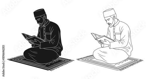 Islamic prayer man reading quran prayer rug Vector