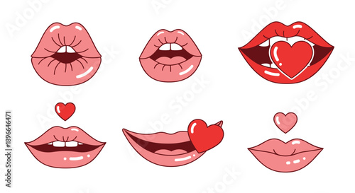 Illustration of Various Cartoon Lips and Hearts.
