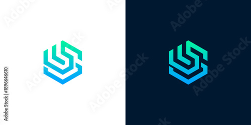 Modern Hexagonal Logo Design Featuring Interlocking Abstract Lines in Blue and Green Gradient on White and Dark Backgrounds