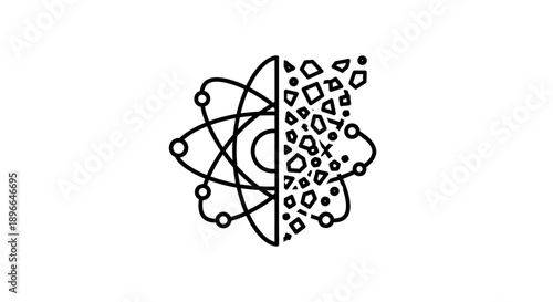 Atomic structure and QR code symbol.