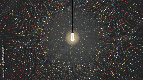 Illustration of a glowing lightbulb suspended amidst a background of colorful, radial lines
