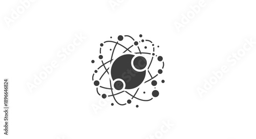 Black and white atom illustration symbol.