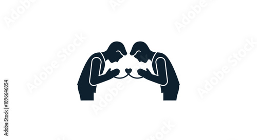 Two people kissing a dog.