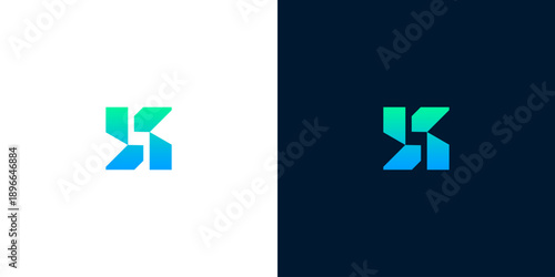 Dynamic abstract geometric logo concept showcasing a stylized letter S or K shape, rendered in a vibrant blue-green gradient, ideal for technology, startup, or modern business branding