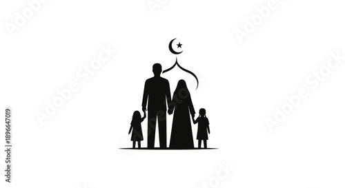 Family in Islamic symbol silhouette.