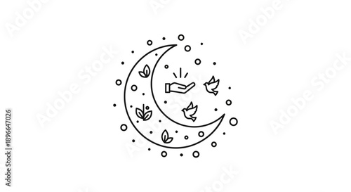 Crescent Moon with Leaves and Hand.