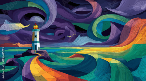 A colorful, pixelated illustration of a lighthouse on a rocky shore beneath swirling skies