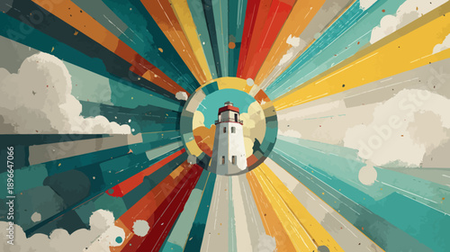 A stylized lighthouse at the center, radiating colorful beams against clouds in a retro aesthetic