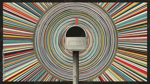 A retro-styled mailbox against a background of concentric circles in vibrant colors. It's a colorful, abstract artwork