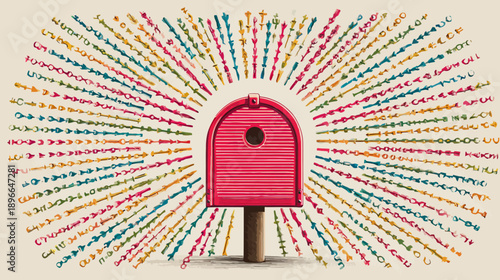 A red mailbox with a central circular hole, radiating multi-colored arrows on a light background