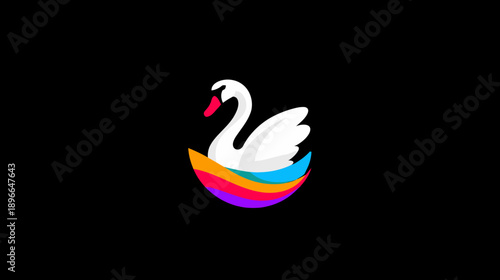 A stylized white swan with a red beak sits on colorful, layered waves against a black background
