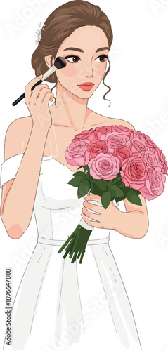 Bride Applying Makeup Holding Pink Roses in White Dress