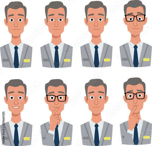 Business Man Character Emotions Set Grey Suit Flat Design