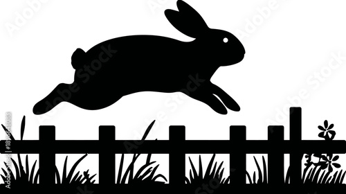 A silhouette of a leaping rabbit over a picket fence with grass and flowers, on a white background