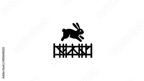 Black silhouette of a rabbit jumping over a fence on a white background. Simple and clean design